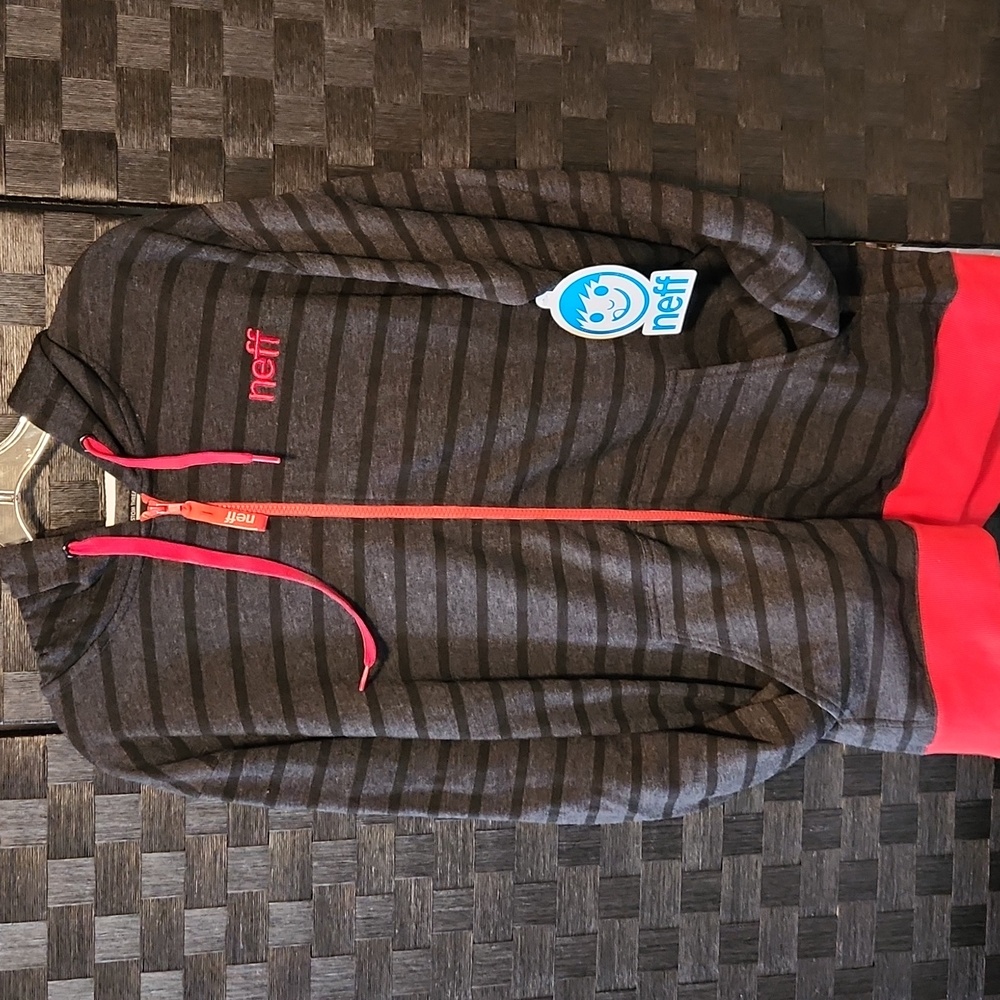 Neff Black and Gray Striped Hoodie with Red Trim
